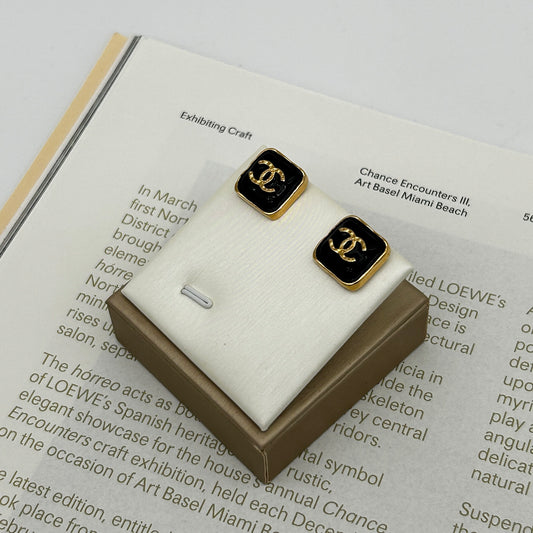 Chanel Vintage Black & Gold Square Coco Mark Earrings [Used]