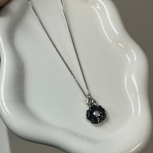 Chanel Diamond & Black Onyx Camellia Pendant Necklace 18K White Gold [Used]