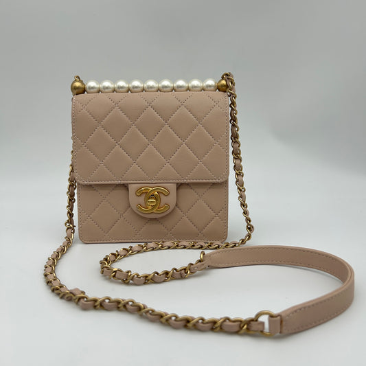 Chanel Limited Edition Beige Lambskin Pearl Chain Shoulder Bag [Used]