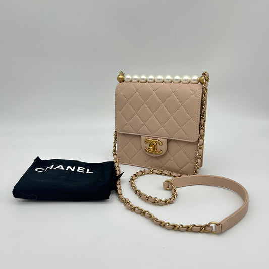 Chanel Limited Edition Beige Lambskin Pearl Chain Shoulder Bag [Used]