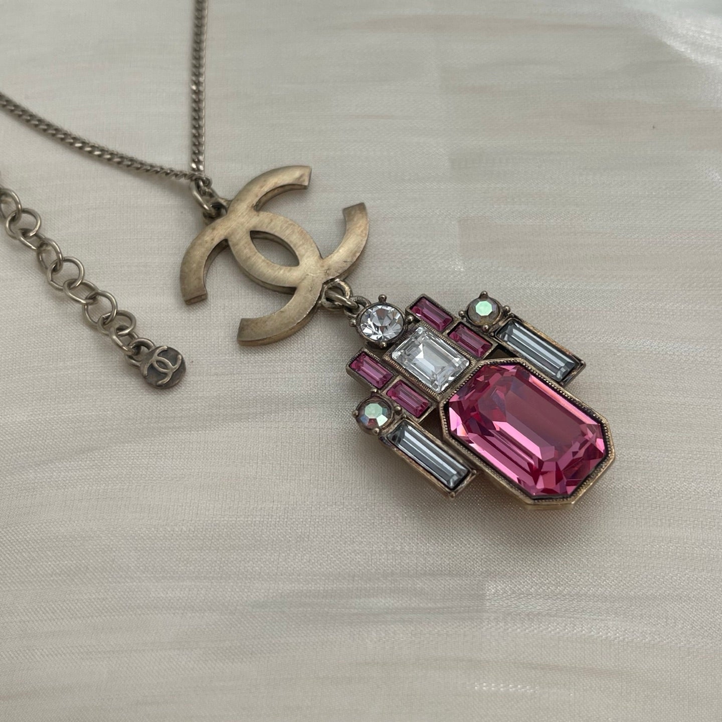 Chanel Mosaic Pink & White Crystal CC Pendant Necklace [Used]