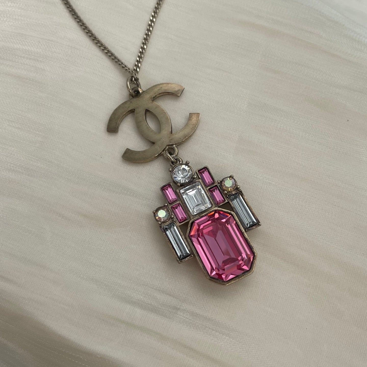 Chanel Mosaic Pink & White Crystal CC Pendant Necklace [Used]