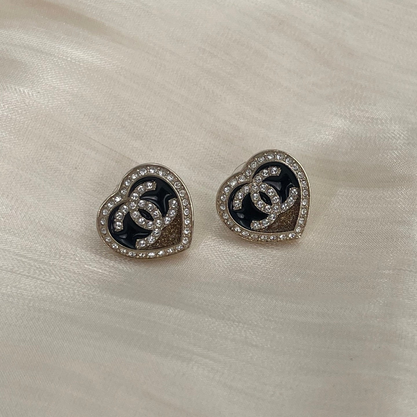 Chanel 23B Black & Gold Crystal Heart Stud Earrings [Used]