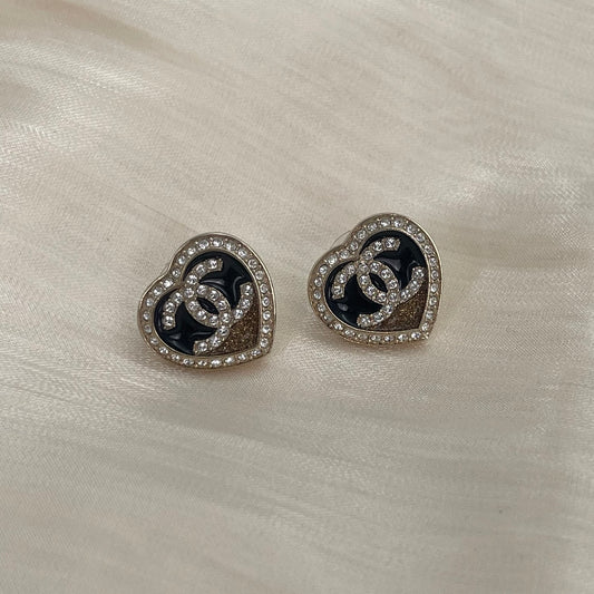Chanel 23B Black & Gold Crystal Heart Stud Earrings [Used]