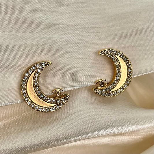Chanel 2001 Vintage Crystal Moon & CC Clip-On Earrings [Used]