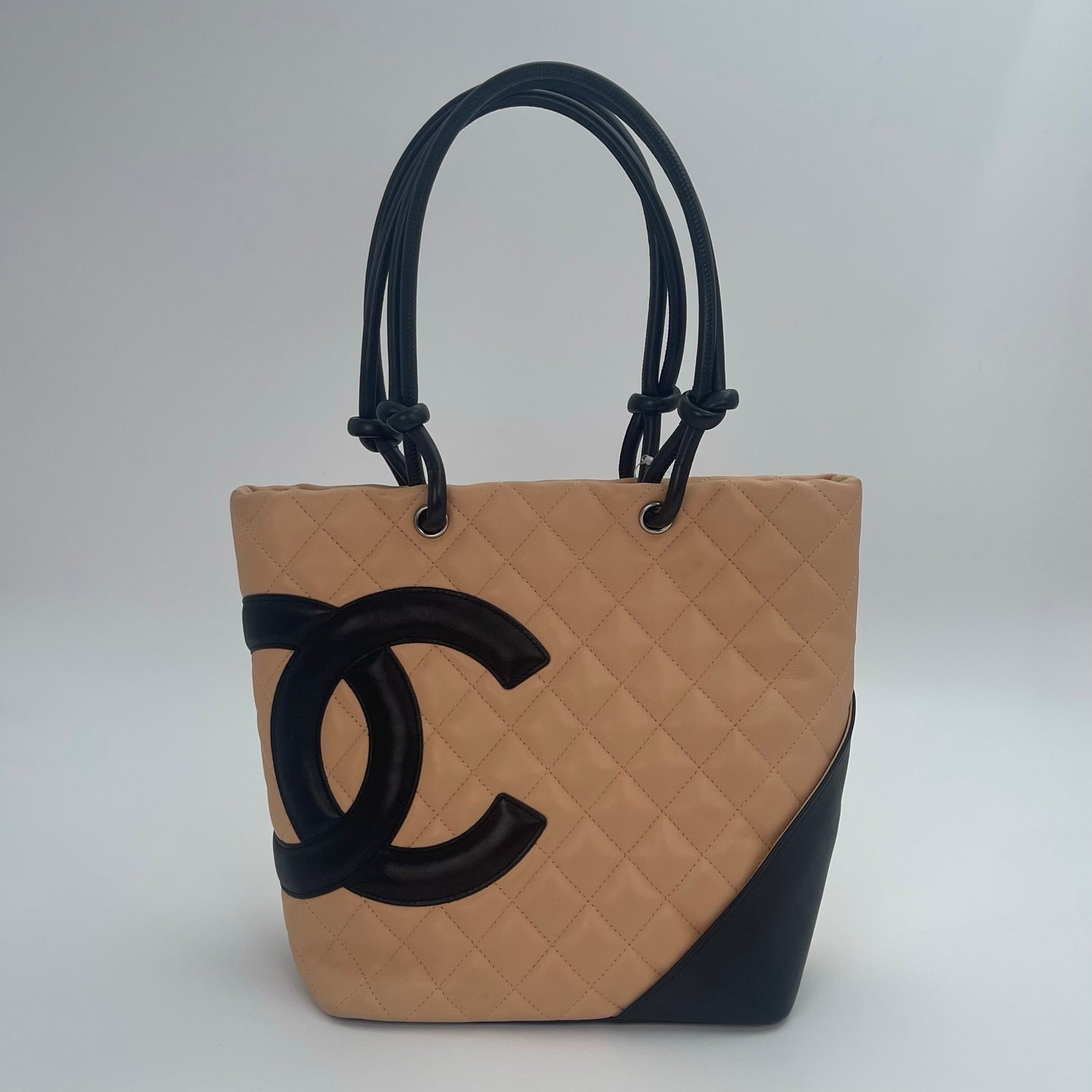 Chanel Calfskin Cambon Bucket Tote Bag Beige Tea Color with Black Trim [Used]