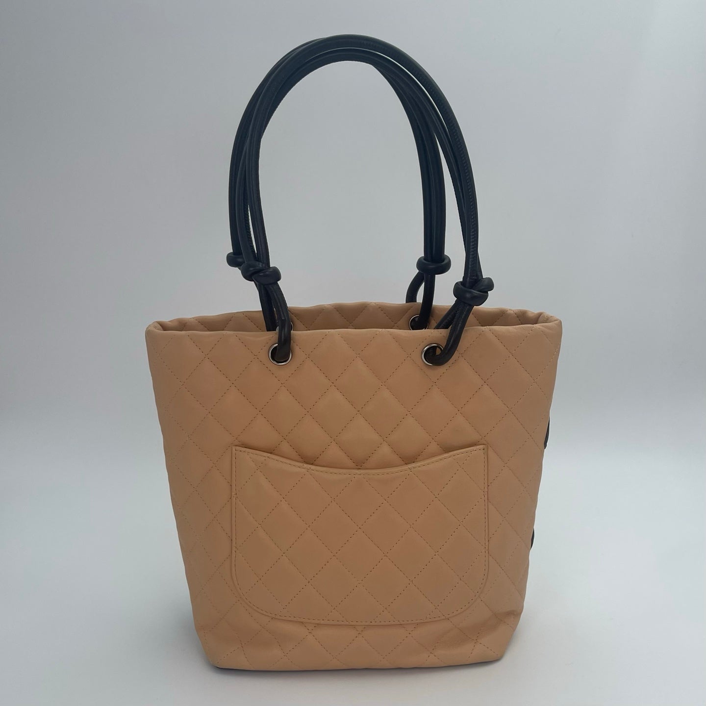 Chanel Calfskin Cambon Bucket Tote Bag Beige Tea Color with Black Trim [Used]