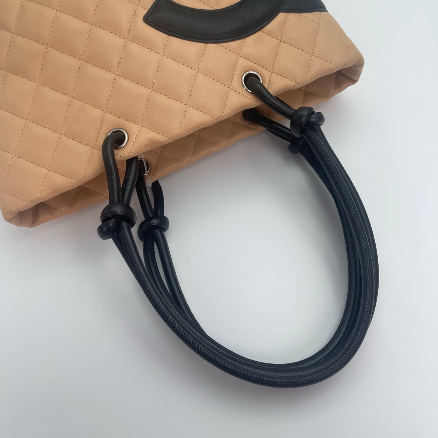 Chanel Calfskin Cambon Bucket Tote Bag Beige Tea Color with Black Trim [Used]