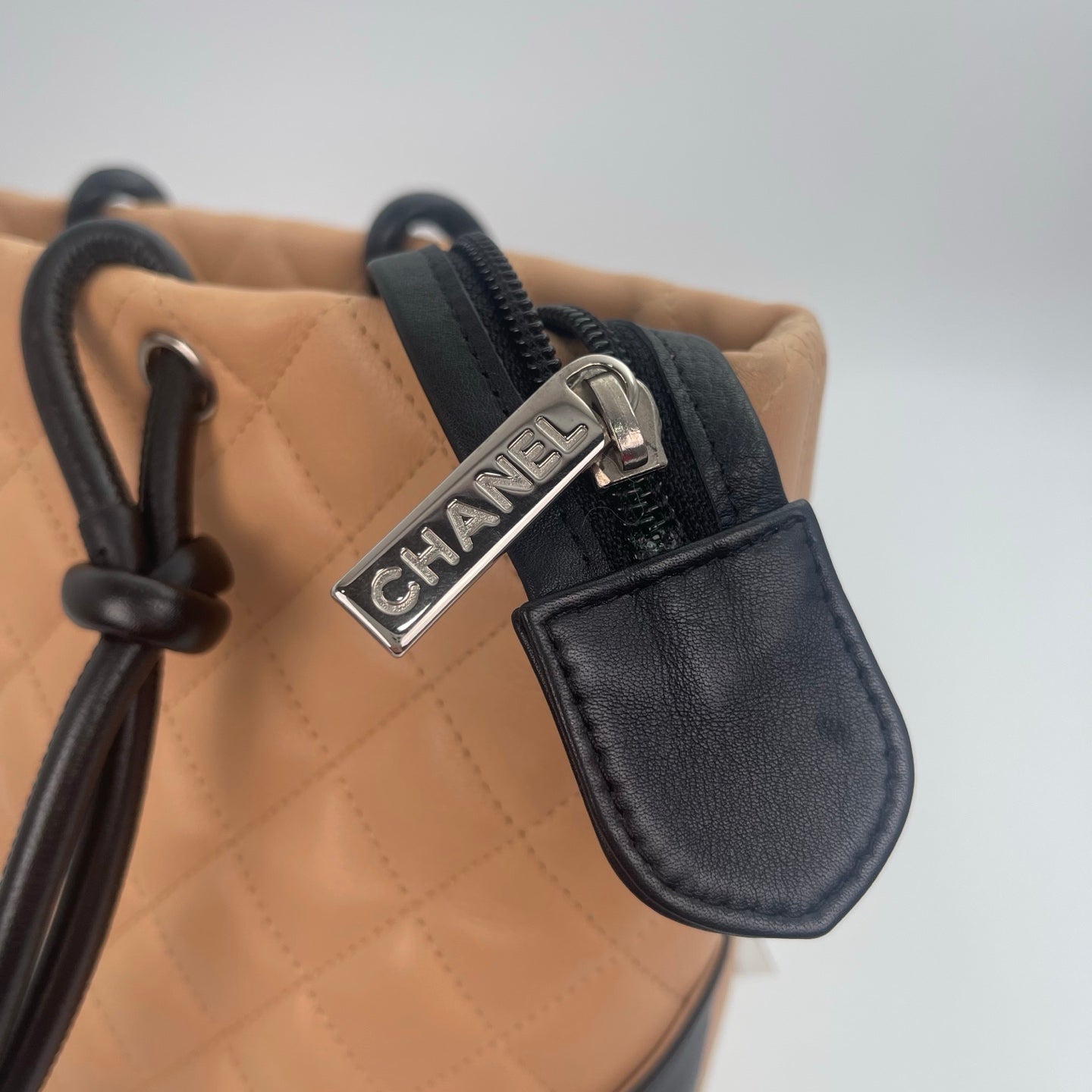 Chanel Calfskin Cambon Bucket Tote Bag Beige Tea Color with Black Trim [Used]