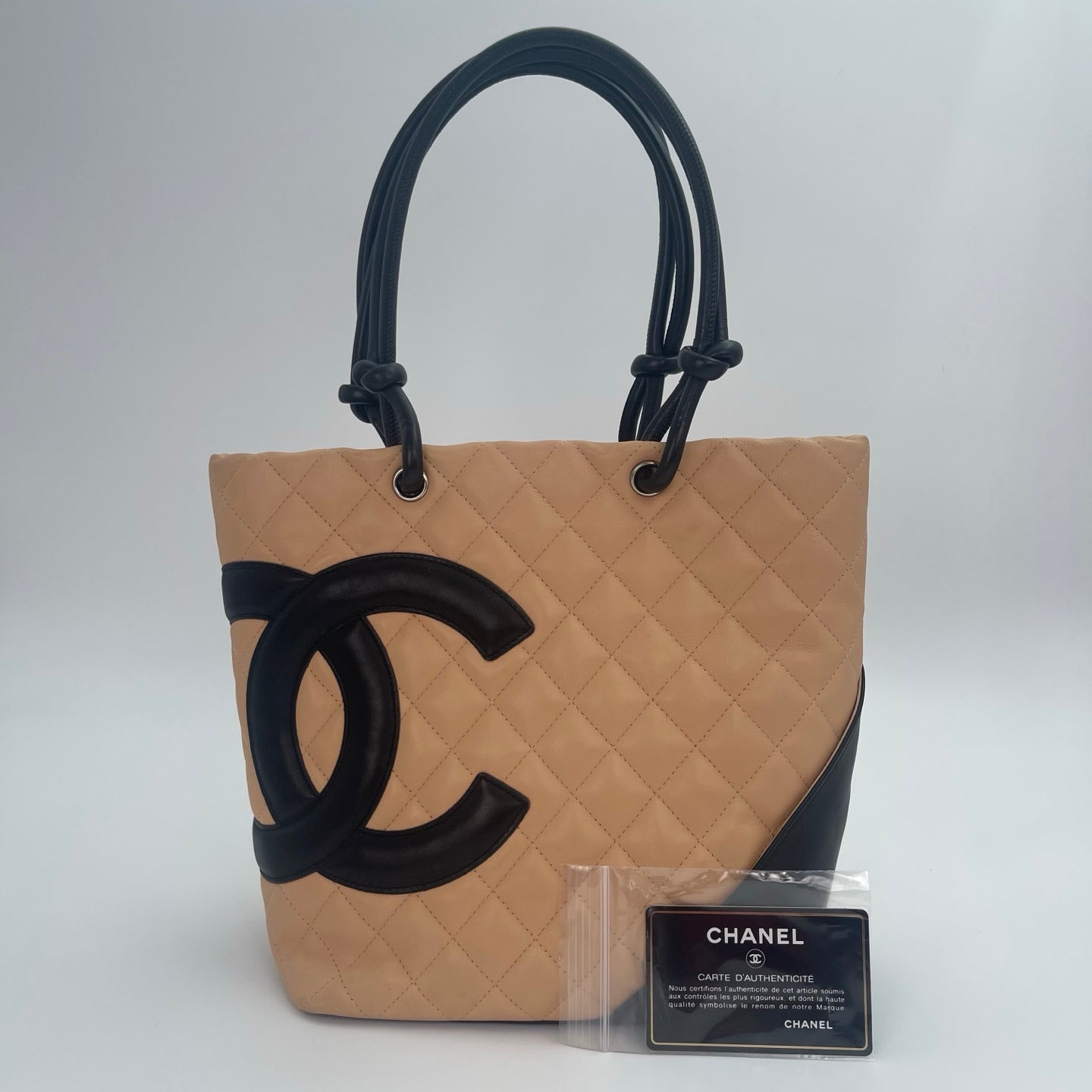 Chanel Calfskin Cambon Bucket Tote Bag Beige Tea Color with Black Trim [Used]