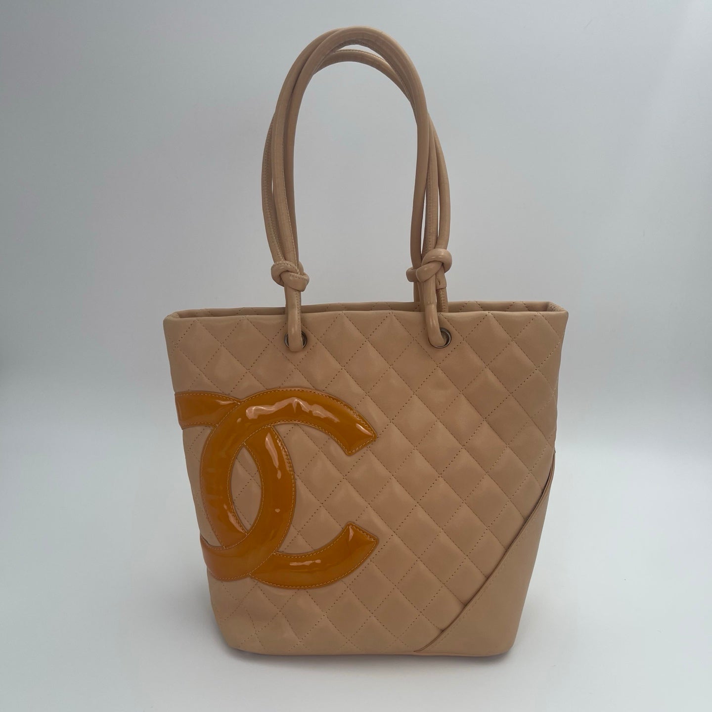 Chanel Calfskin Cambon Bucket Tote Bag Beige with Black Trim[Used]