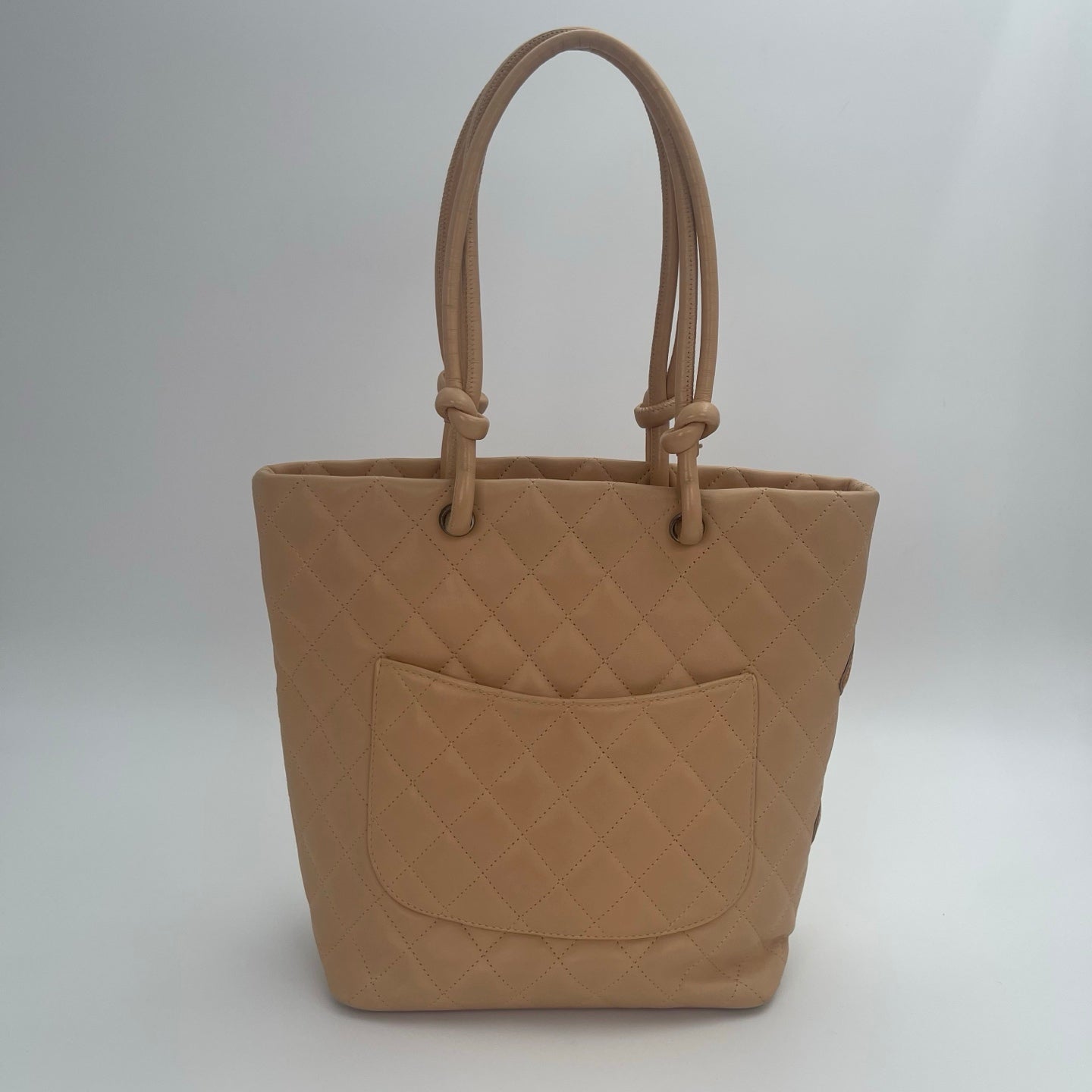 Chanel Calfskin Cambon Bucket Tote Bag Beige with Black Trim[Used]