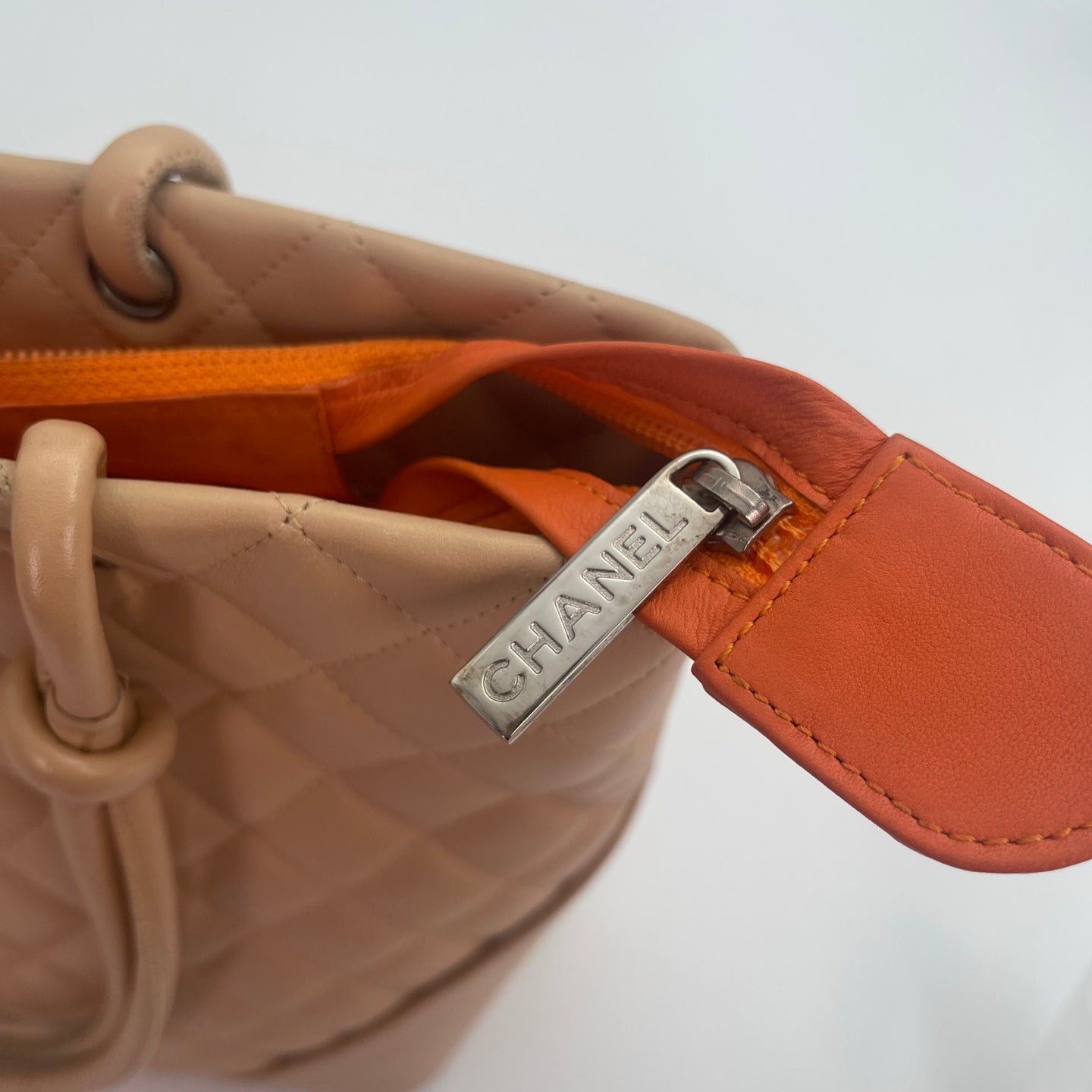 Chanel Calfskin Cambon Bucket Tote Bag Beige with Black Trim[Used]