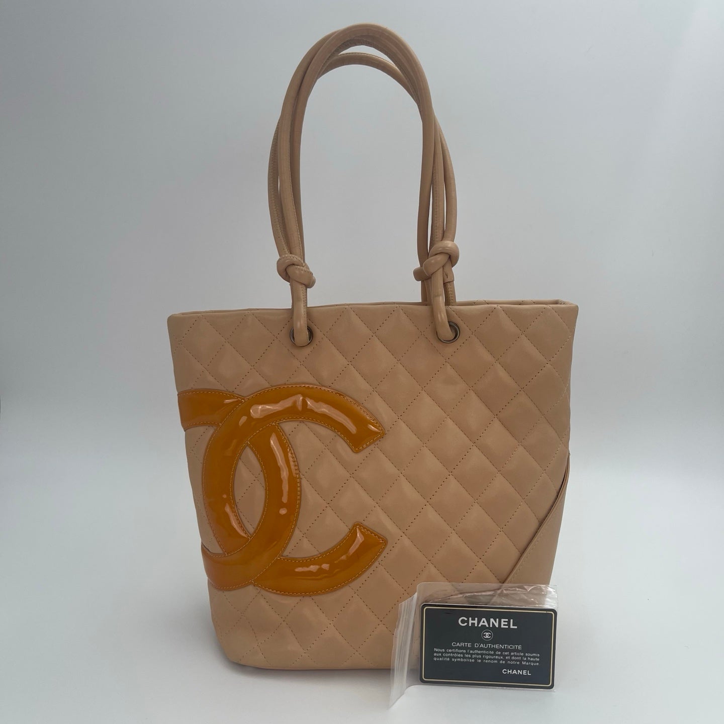 Chanel Calfskin Cambon Bucket Tote Bag Beige with Black Trim[Used]