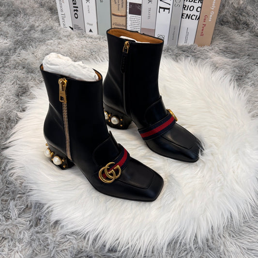Gucci Pearl Loafer Square-Toe Ankle Boots Black [Used]
