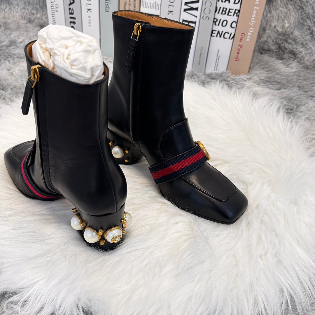 Gucci Pearl Loafer Square-Toe Ankle Boots Black [Used]