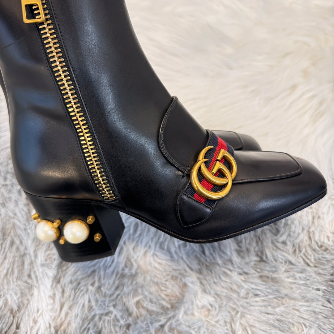 Gucci Pearl Loafer Square-Toe Ankle Boots Black [Used]