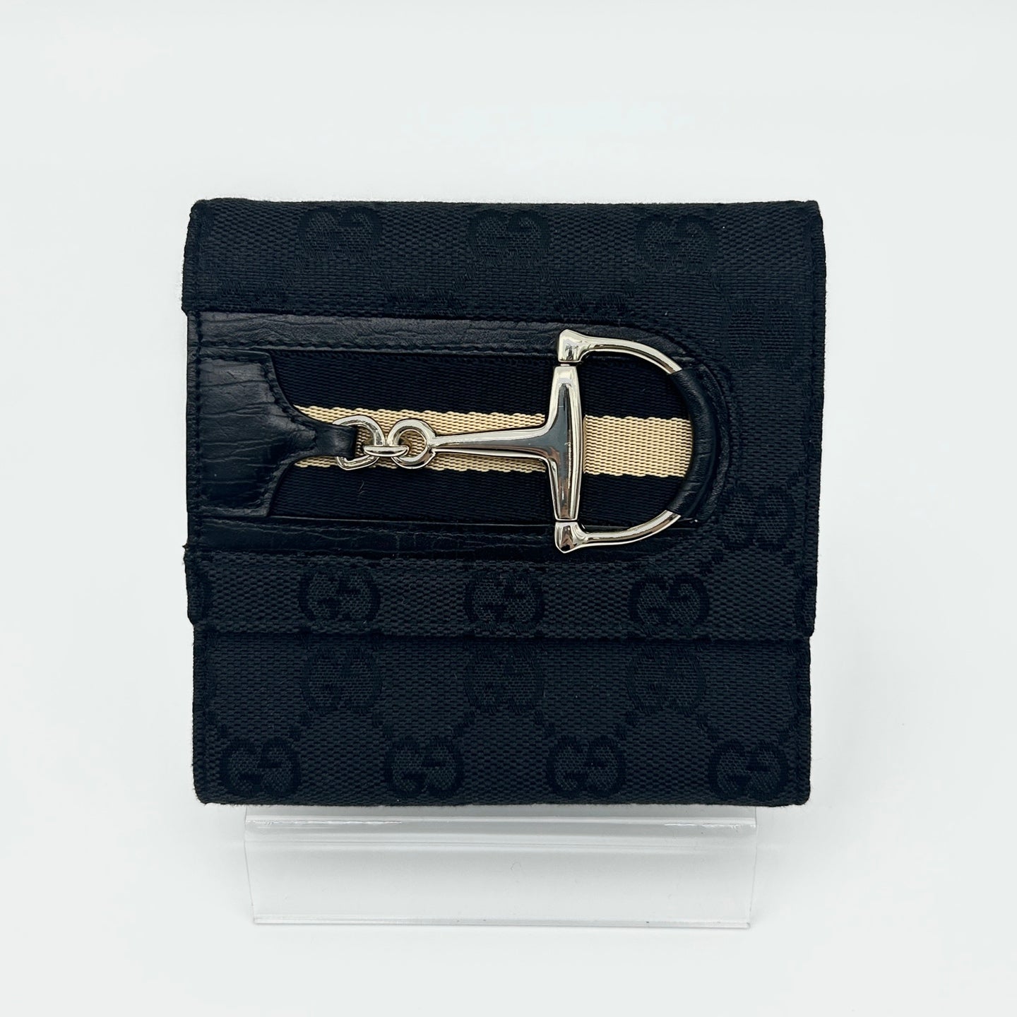 Gucci Black Canvas Horsebit Tri-Fold Square Wallet [Unused]