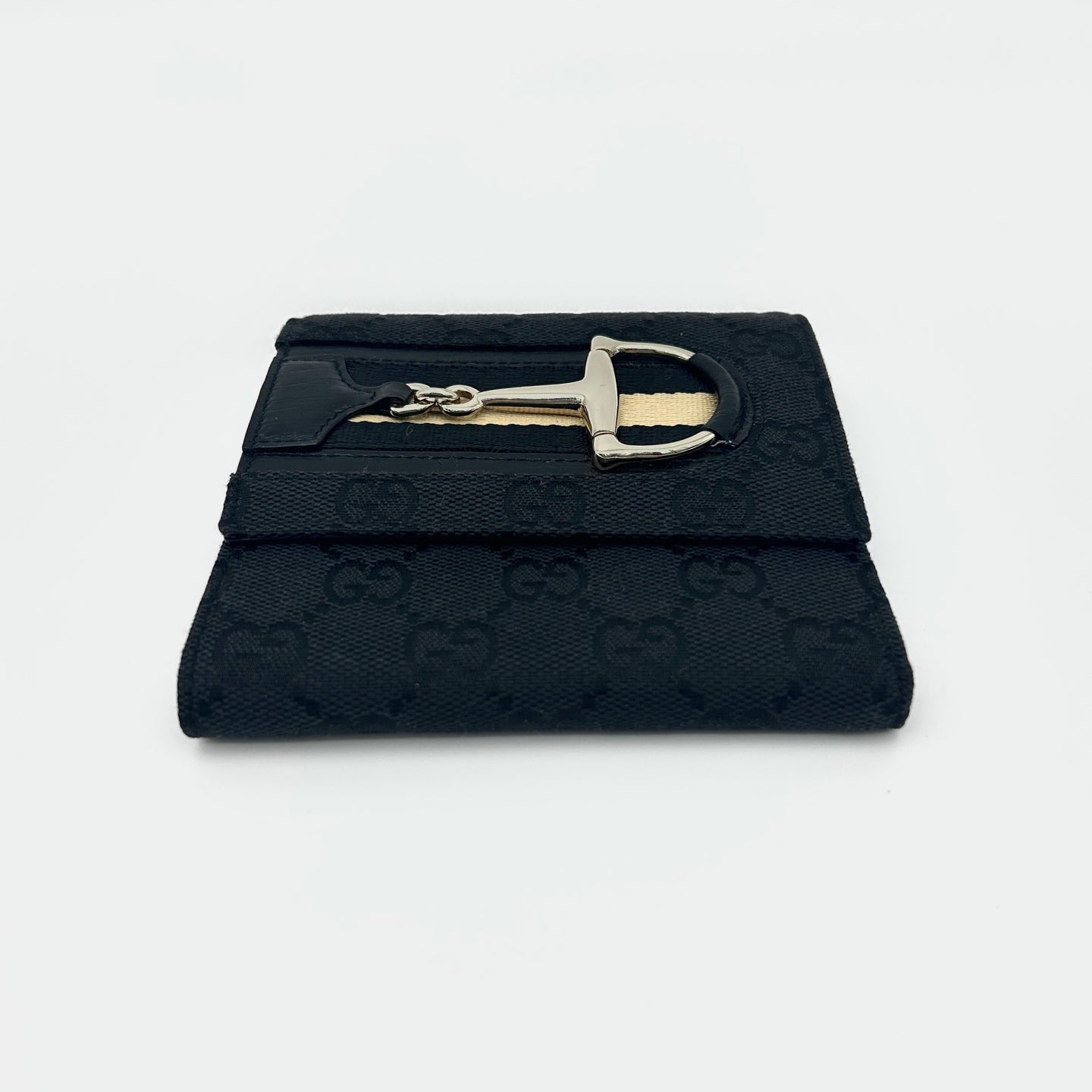 Gucci Black Canvas Horsebit Tri-Fold Square Wallet [Unused]