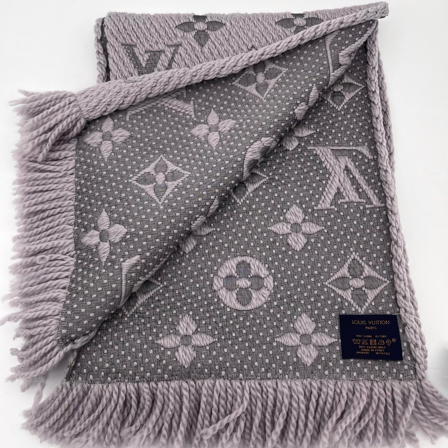 Louis Vuitton Logomania Gray-Purple Wool & Silk Monogram Reversible Scarf [Used]