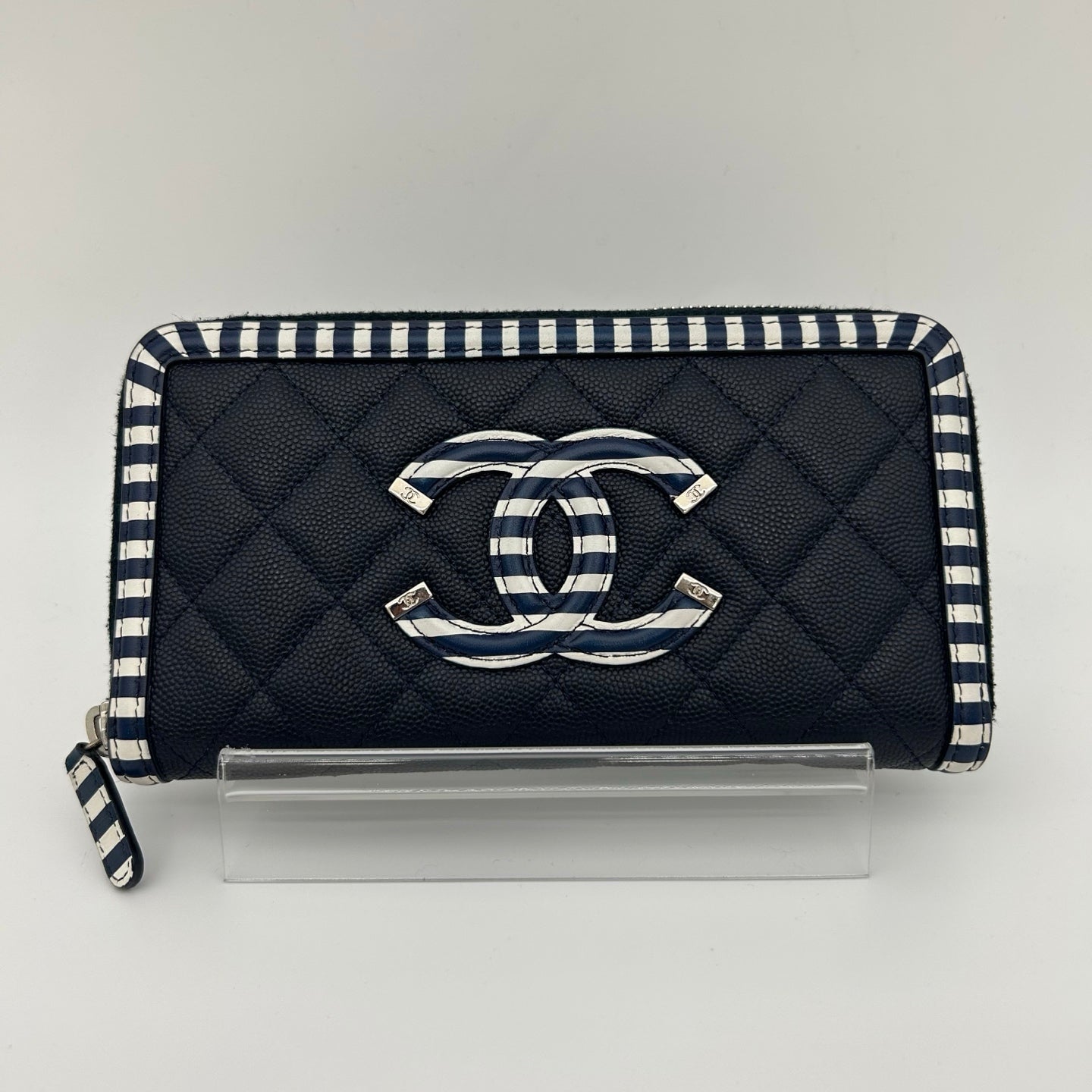 Chanel Navy & Colorblock Matelassé Calfskin Large Logo Zip-Around Long Wallet [Used]