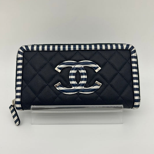 Chanel Navy & Colorblock Matelassé Calfskin Large Logo Zip-Around Long Wallet [Used]