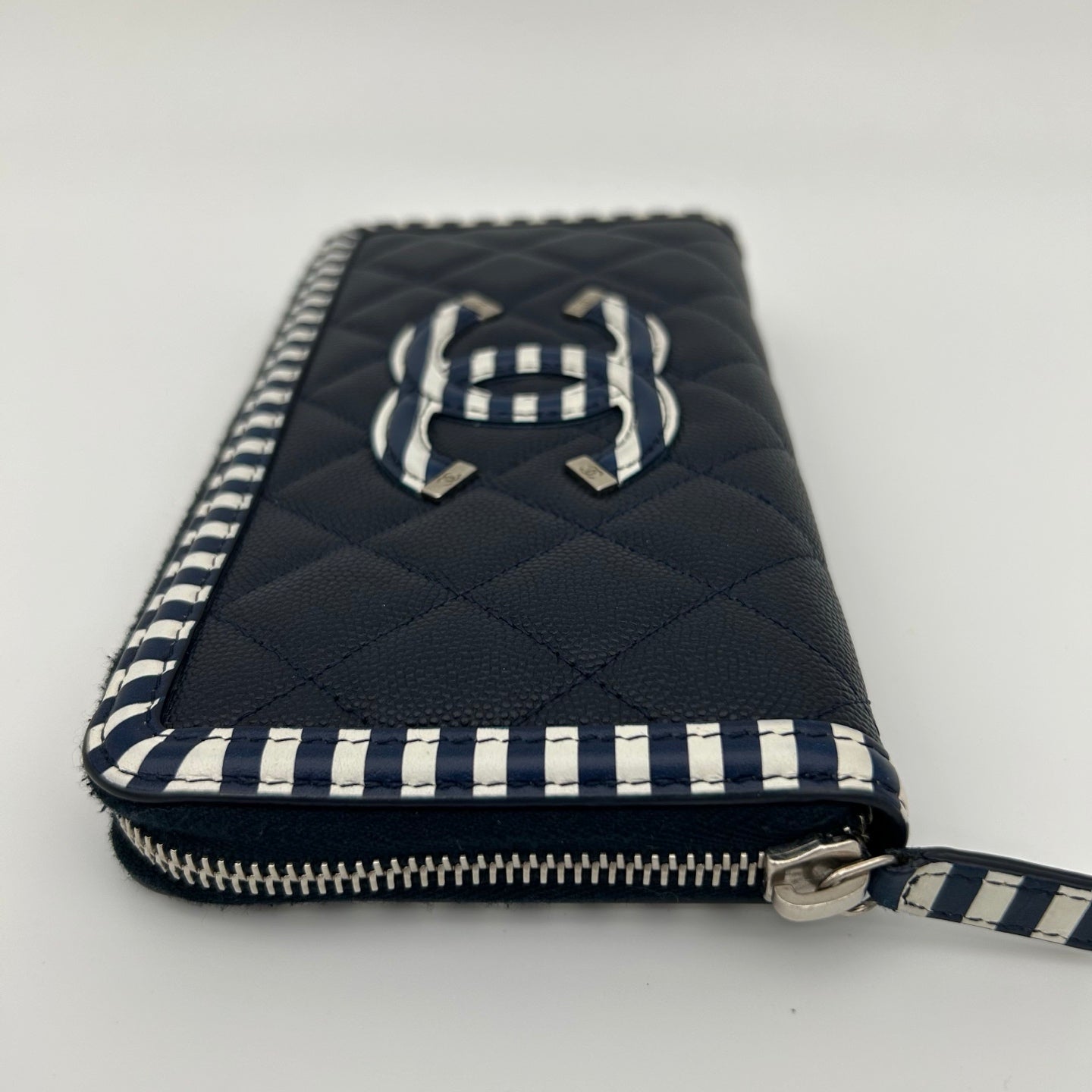 Chanel Navy & Colorblock Matelassé Calfskin Large Logo Zip-Around Long Wallet [Used]