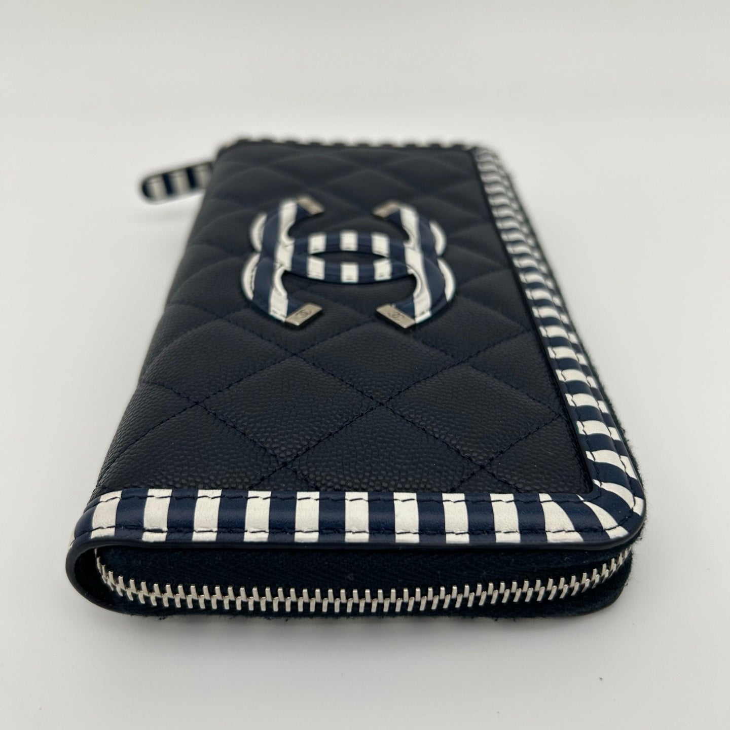Chanel Navy & Colorblock Matelassé Calfskin Large Logo Zip-Around Long Wallet [Used]