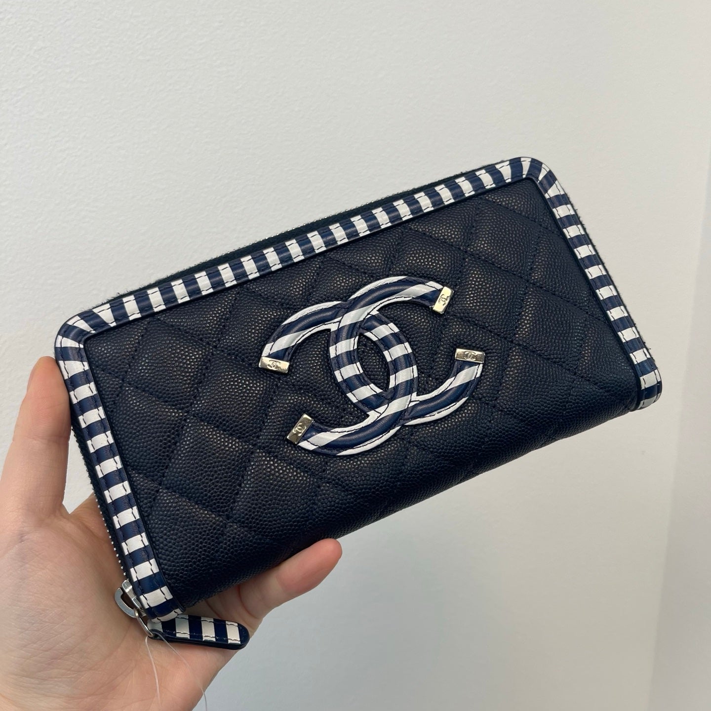 Chanel Navy & Colorblock Matelassé Calfskin Large Logo Zip-Around Long Wallet [Used]
