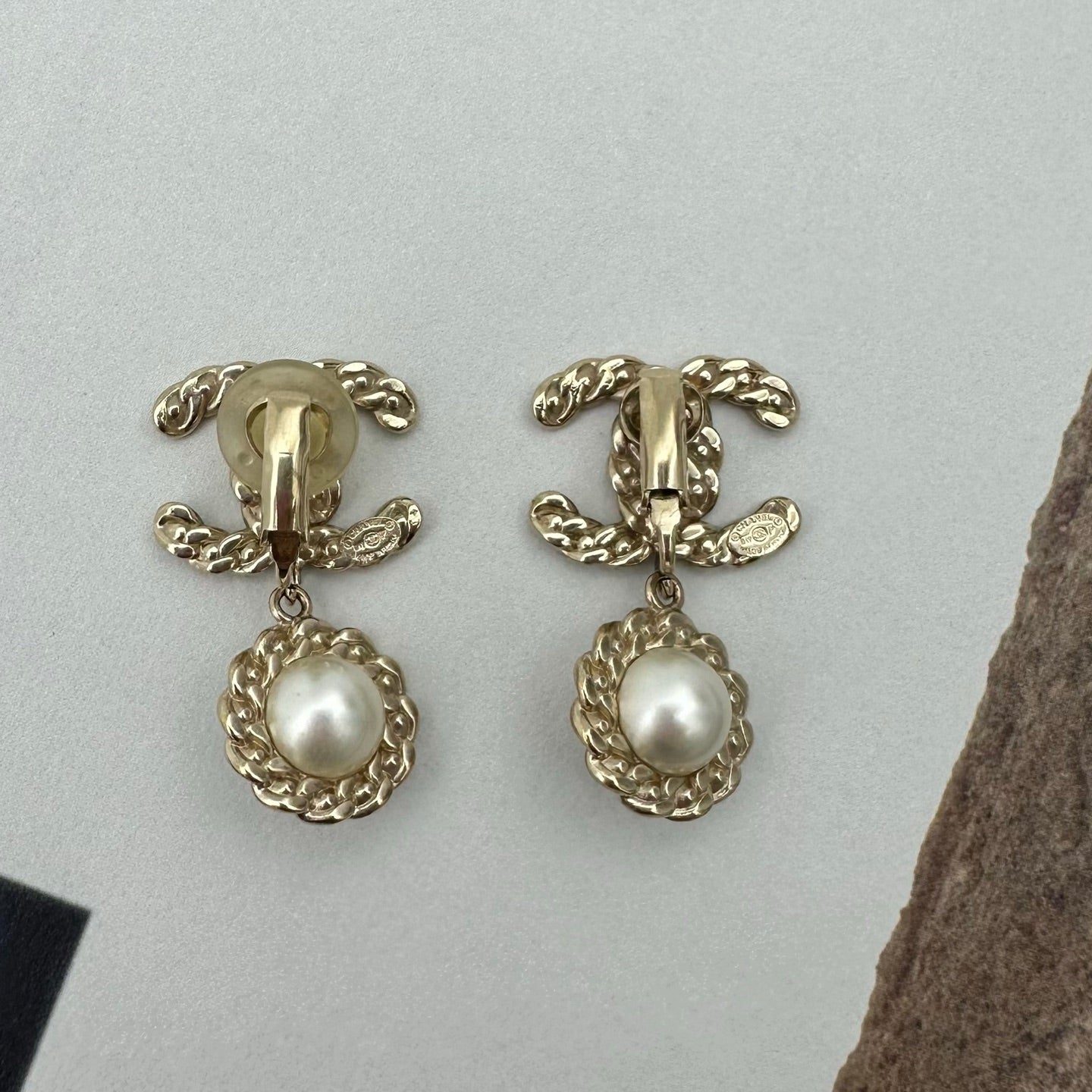 Chanel Light Gold CC Crystal-Embellished Pearl Drop Clip-On Earrings [Used]