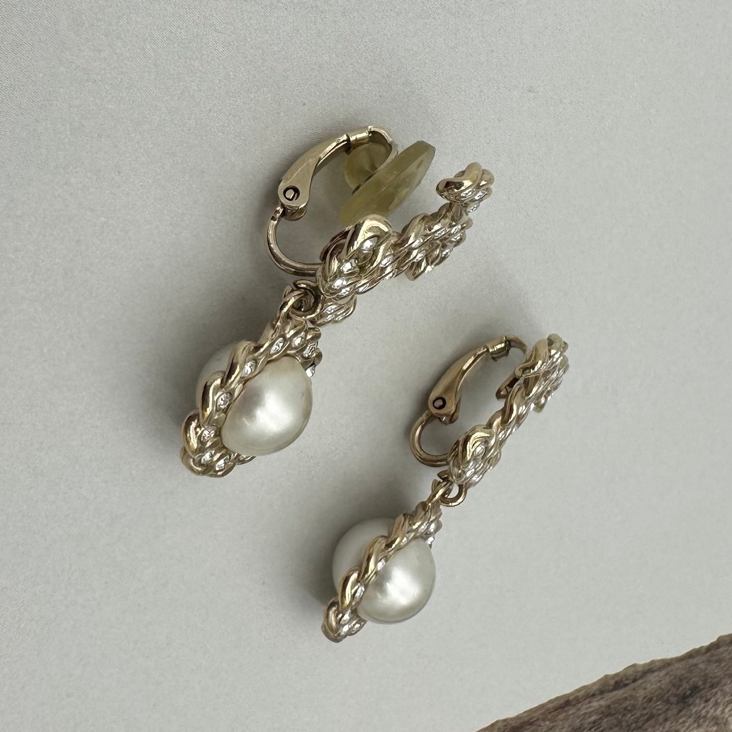 Chanel Light Gold CC Crystal-Embellished Pearl Drop Clip-On Earrings [Used]