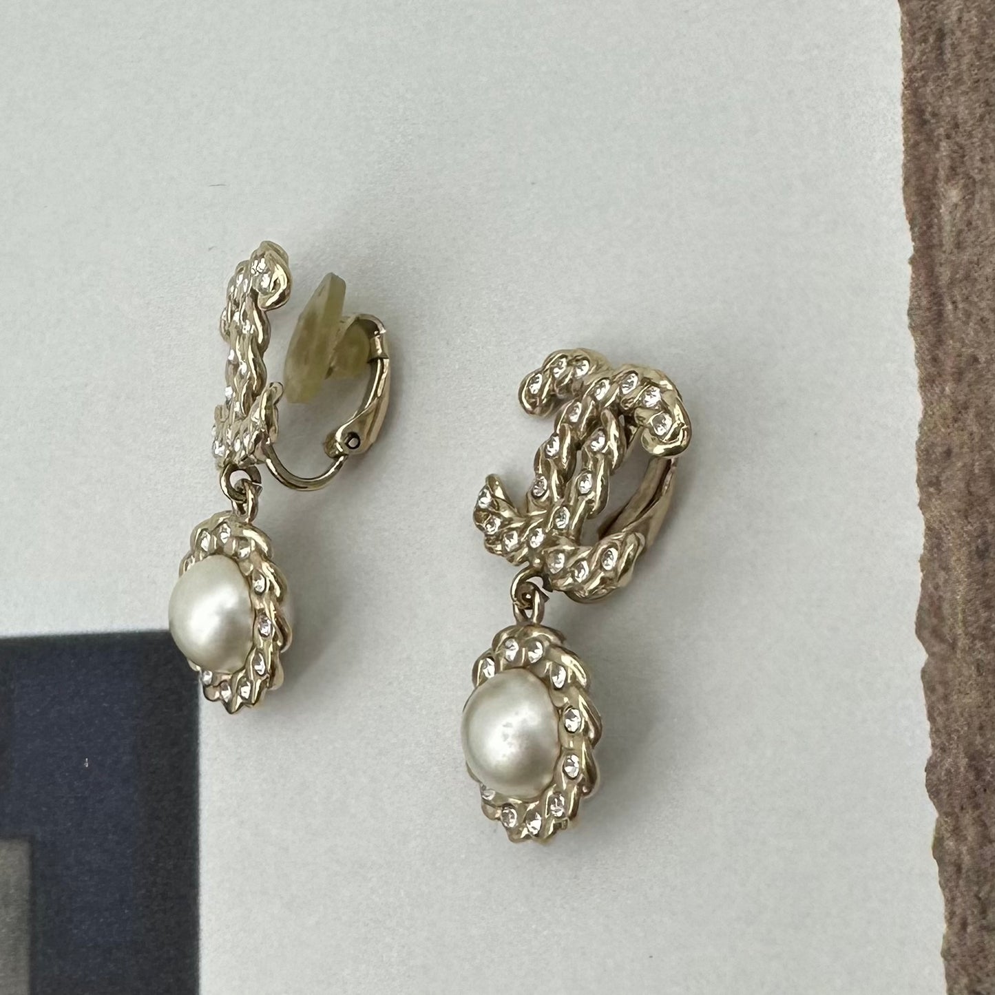 Chanel Light Gold CC Crystal-Embellished Pearl Drop Clip-On Earrings [Used]