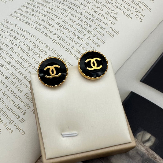 Chanel Vintage Black & Gold CC Round Button Clip-On Earrings [Used]