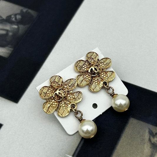 Chanel 08A Gold-Tone Floral Pearl Drop Stud Earrings [Used]