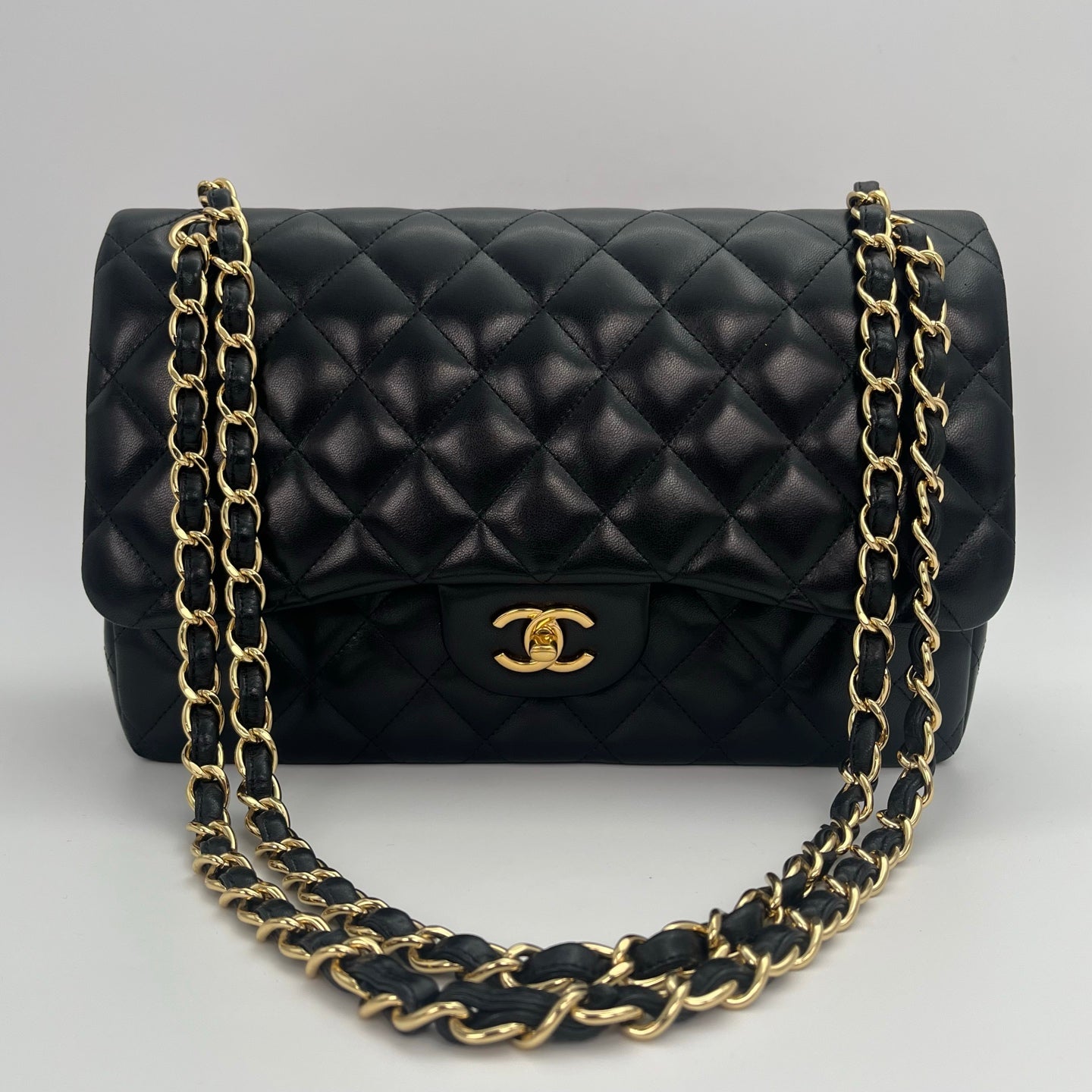 CHANEL Classic Double Flap Jumbo in Black/Gold Lamb Skin [Used]