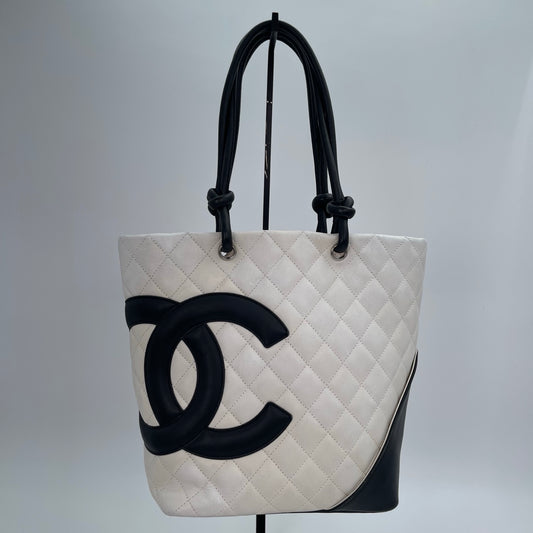 Chanel Calfskin Cambon Bucket Tote Bag White and Black [Used]