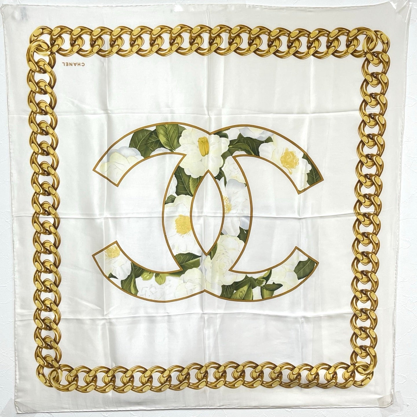 Chanel Camellia Print Silk Scarf White/Gold Accents [Used]