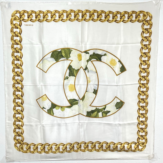Chanel Camellia Print Silk Scarf White/Gold Accents [Used]