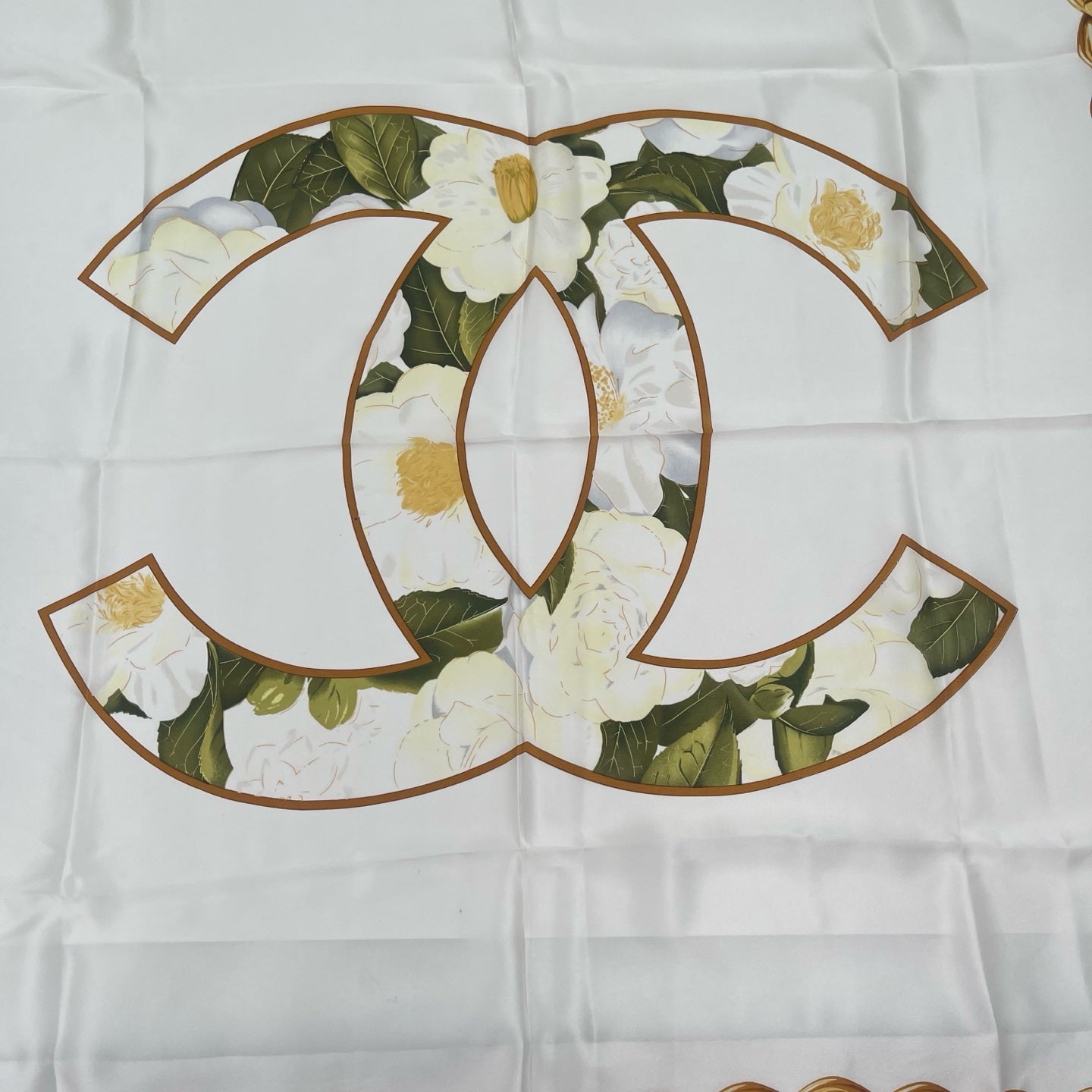 Chanel Camellia Print Silk Scarf White/Gold Accents [Used]