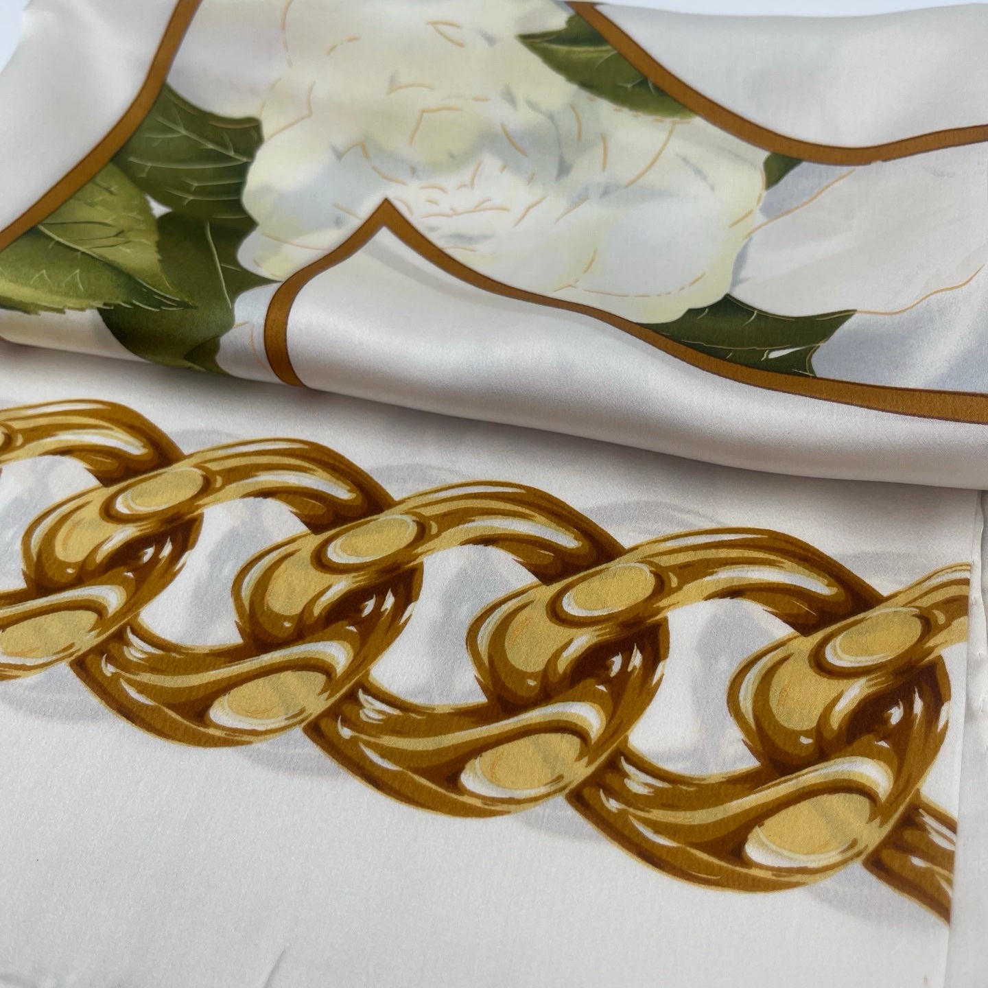 Chanel Camellia Print Silk Scarf White/Gold Accents [Used]