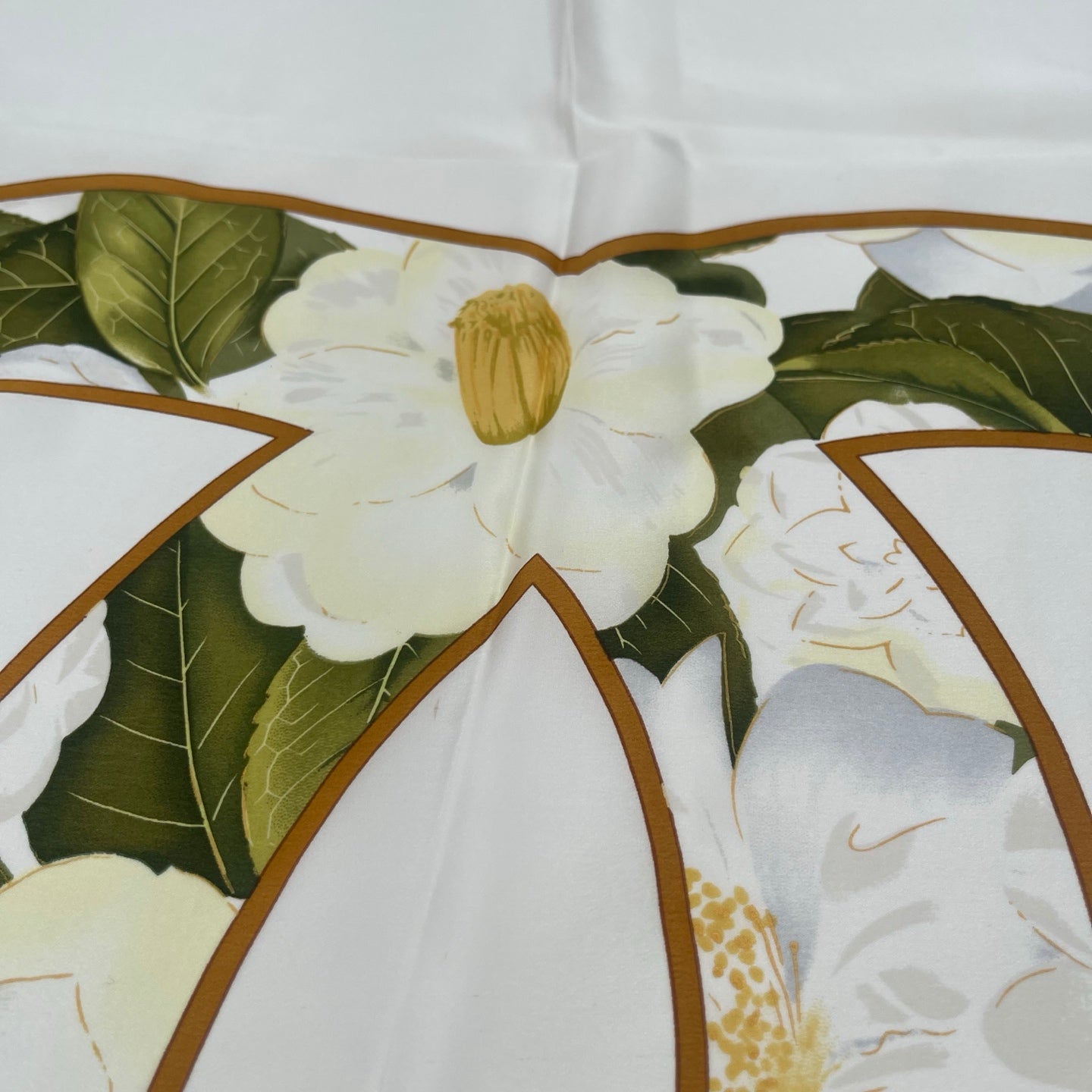 Chanel Camellia Print Silk Scarf White/Gold Accents [Used]