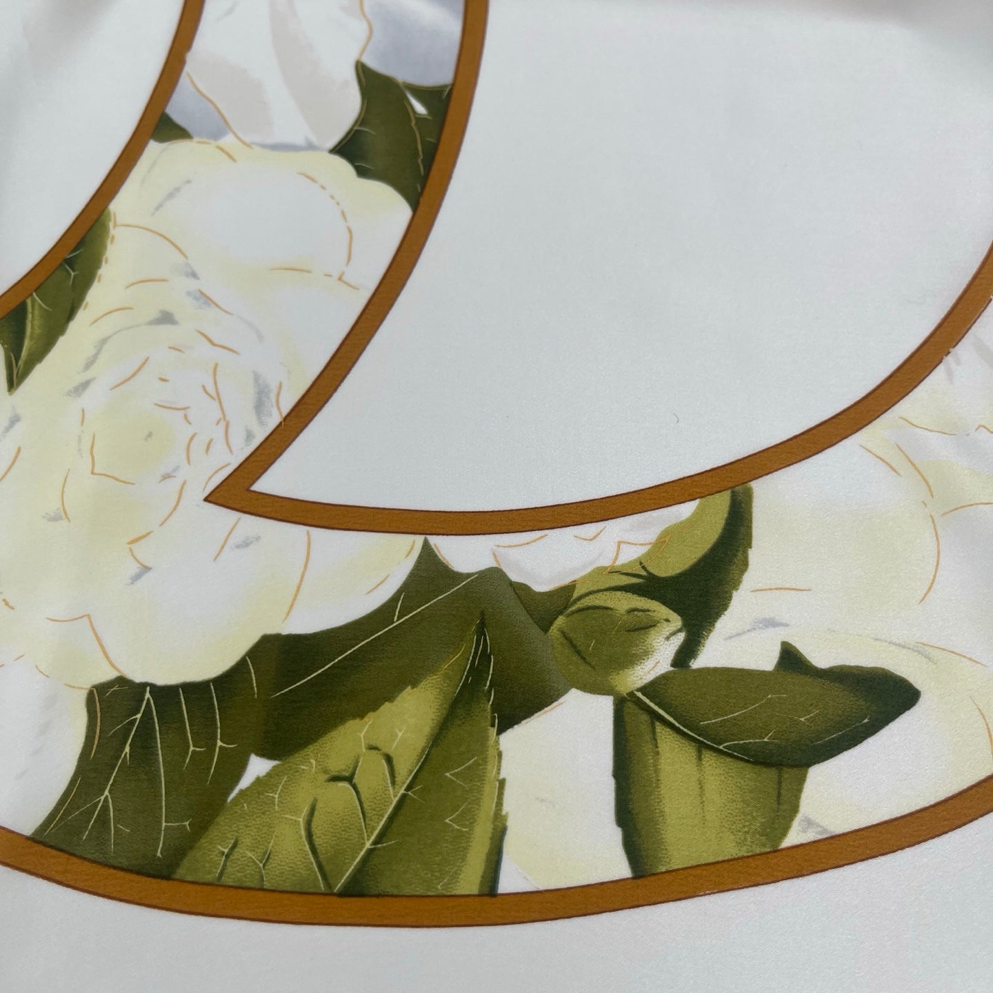 Chanel Camellia Print Silk Scarf White/Gold Accents [Used]