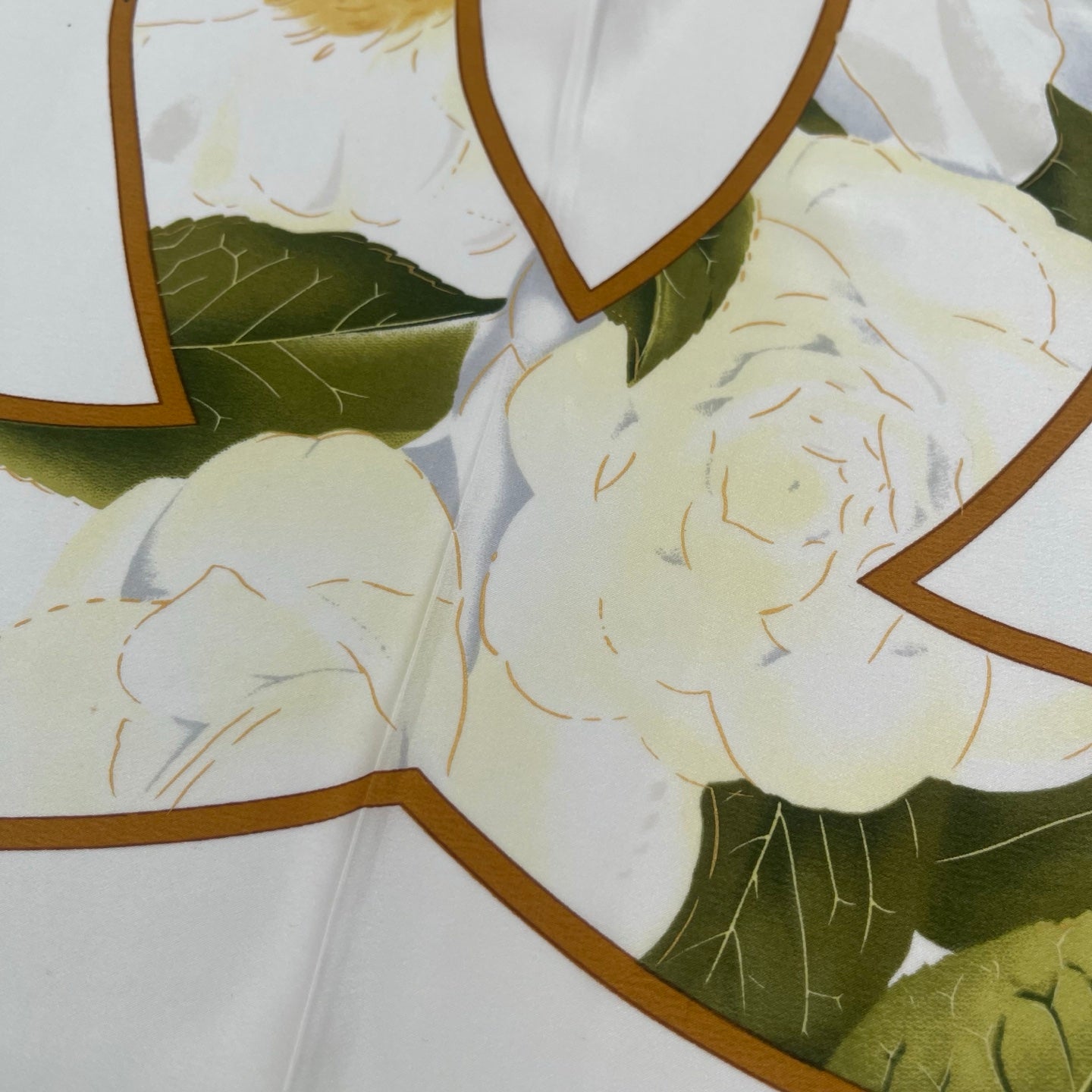Chanel Camellia Print Silk Scarf White/Gold Accents [Used]