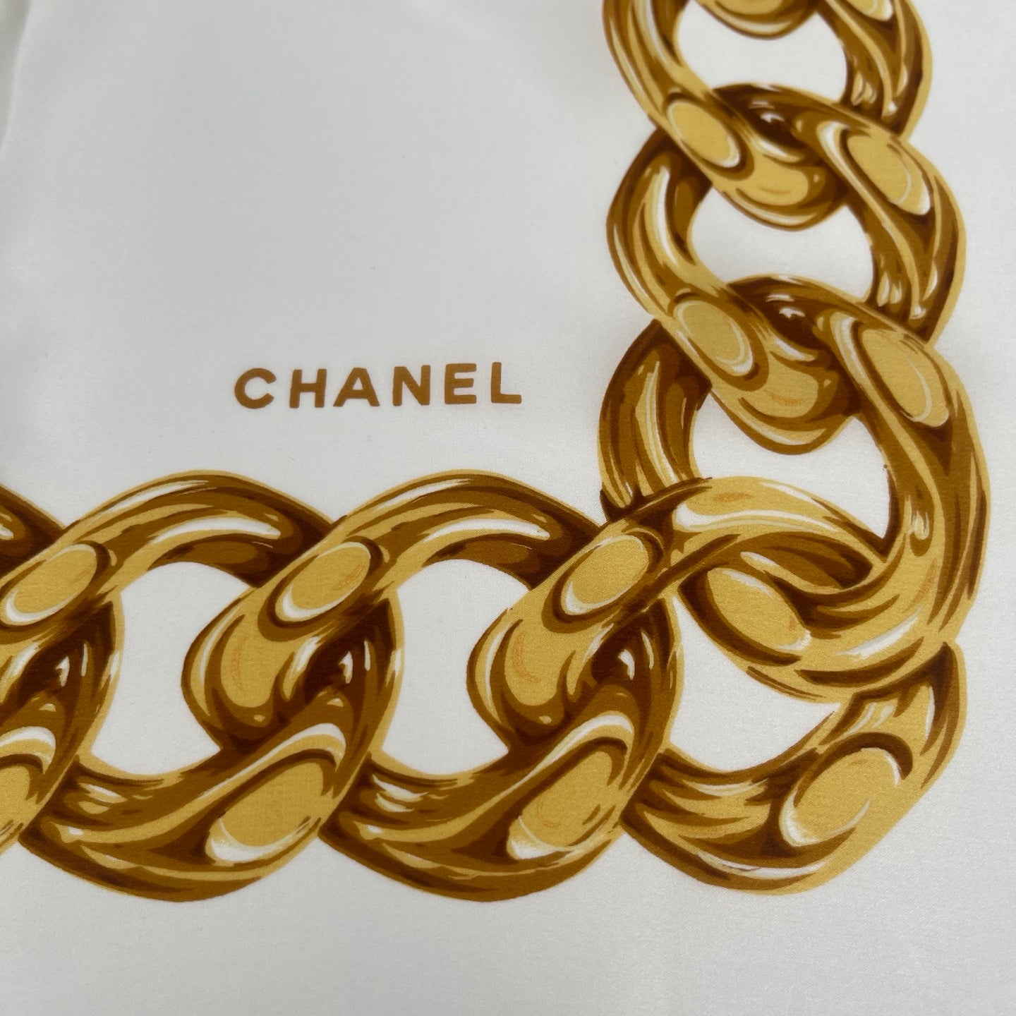 Chanel Camellia Print Silk Scarf White/Gold Accents [Used]