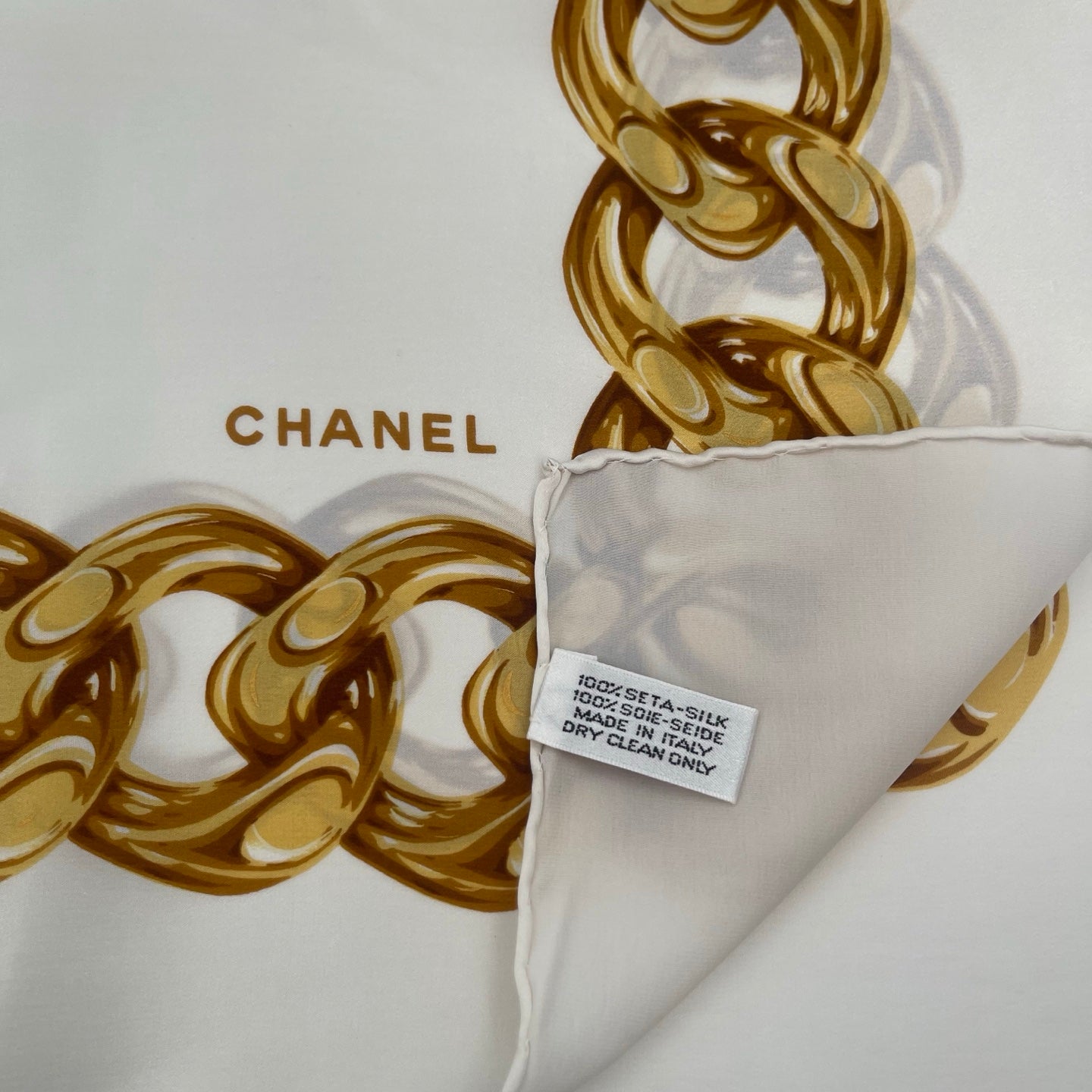 Chanel Camellia Print Silk Scarf White/Gold Accents [Used]