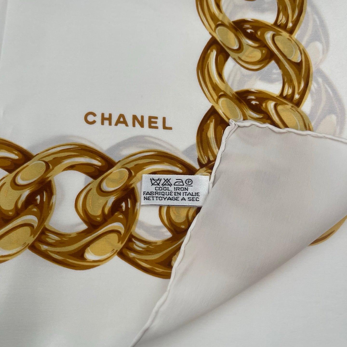 Chanel Camellia Print Silk Scarf White/Gold Accents [Used]