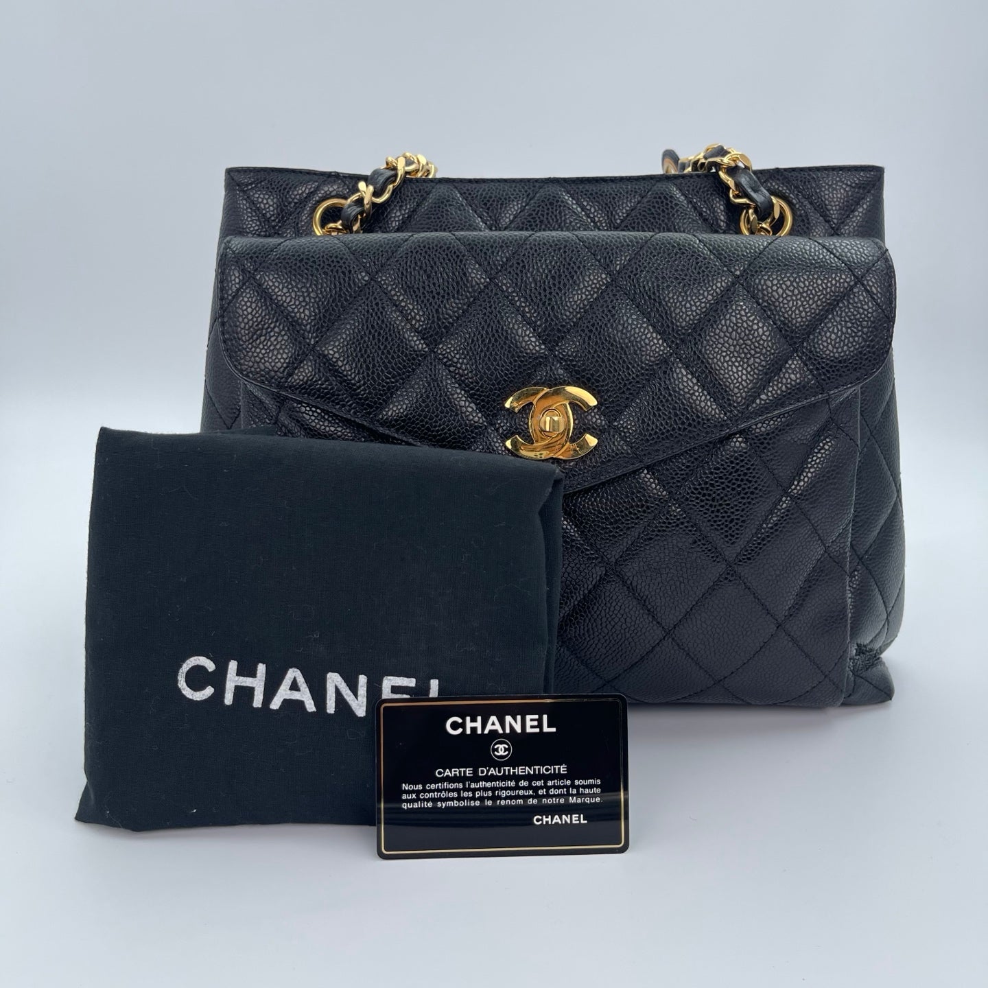 Chanel Black/Gold Caviar Leather Tote Shoulder Bag with CC Flap Pocket [Used]