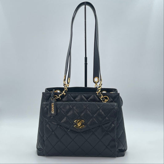 Chanel Black/Gold Caviar Leather Tote Shoulder Bag with CC Flap Pocket [Used]