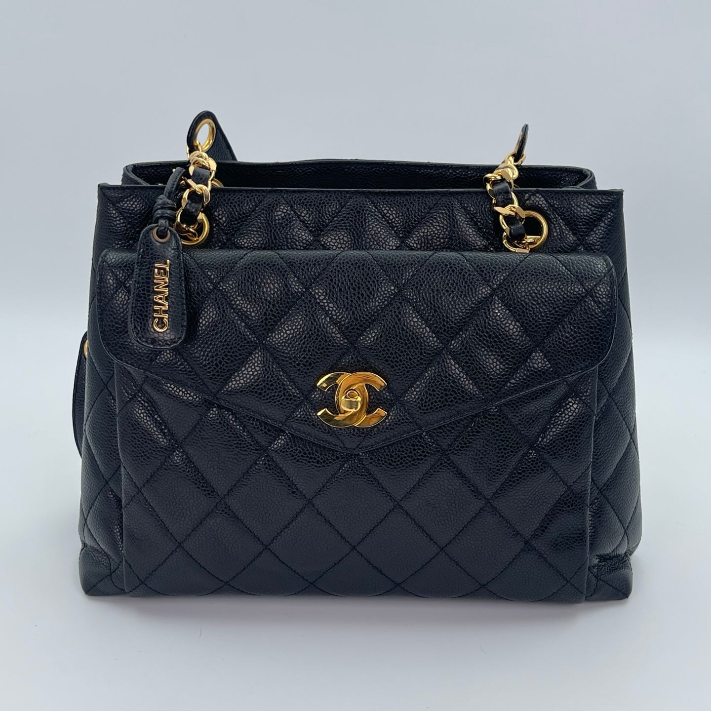 Chanel Black/Gold Caviar Leather Tote Shoulder Bag with CC Flap Pocket [Used]