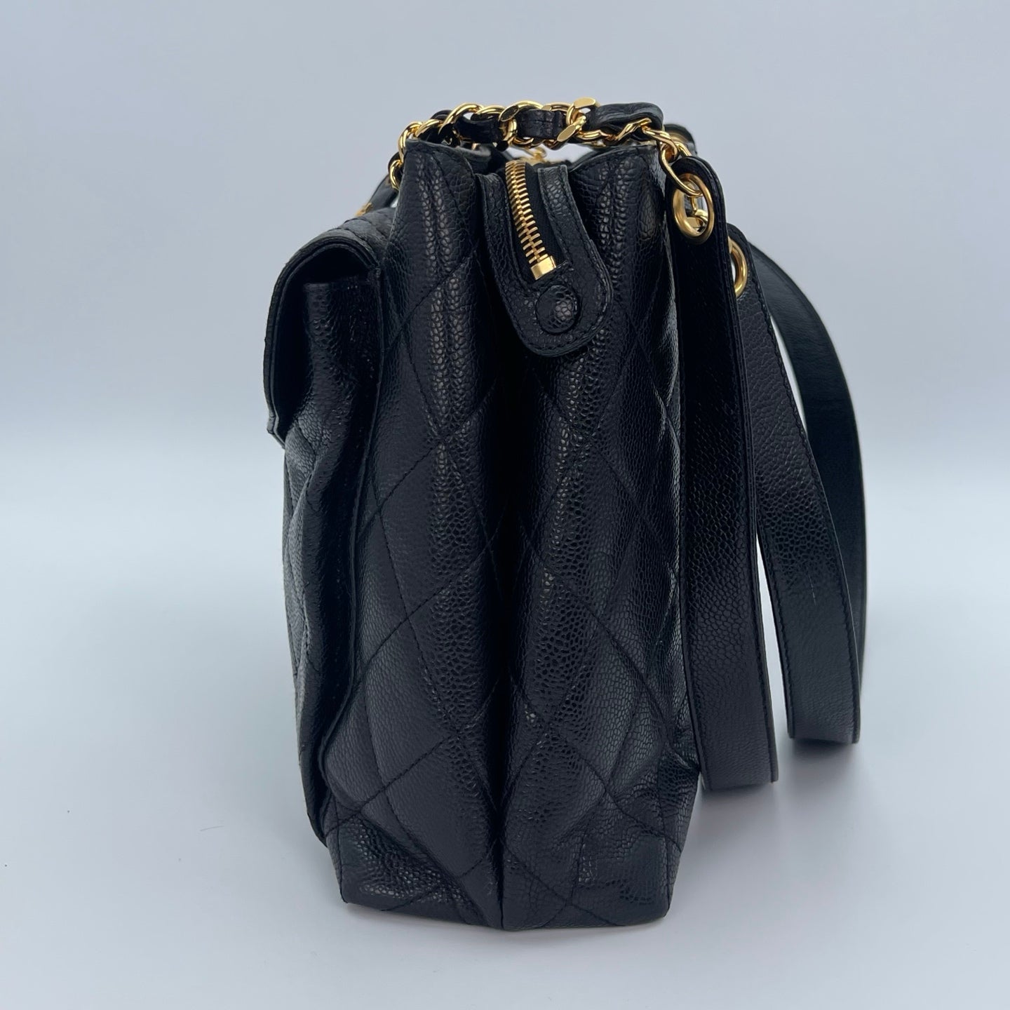 Chanel Black/Gold Caviar Leather Tote Shoulder Bag with CC Flap Pocket [Used]